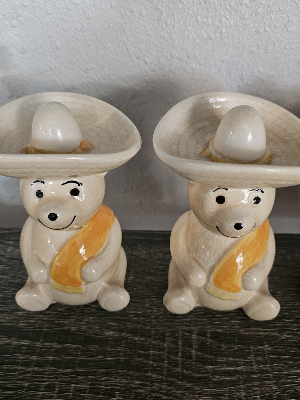 Vintage Cream Ceramic Bear Candle Holders with Orange Sashes